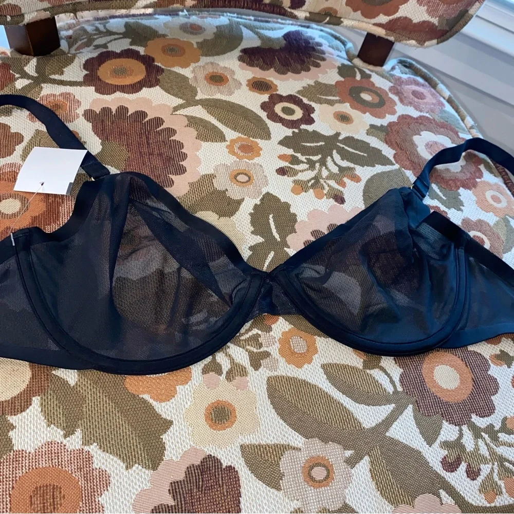 NEW CUUP The Plunge Sheer Bra Black Mesh Underwire Demi Bralette 14K Gold Detail